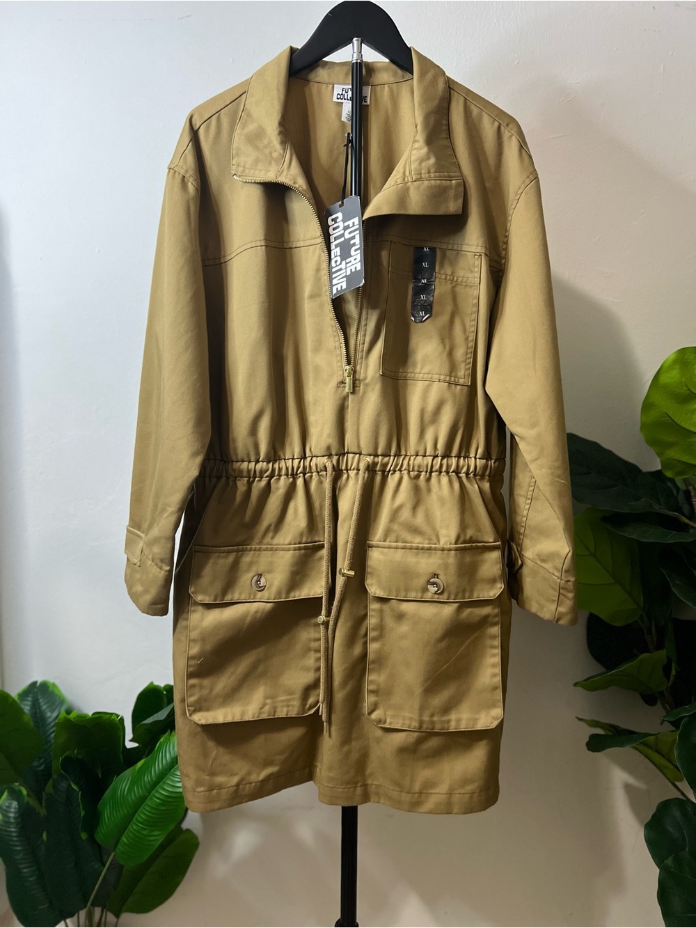 Future Collective Khaki Utility Safari Dress XL NWT Cargo Pocket Drawstring Fall
